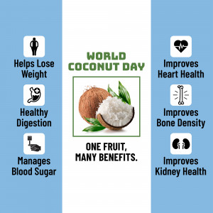 Image showcasing the health benefits of coconuts for World Coconut Day.
