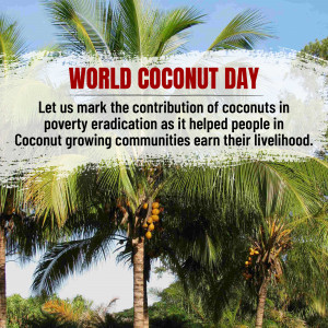 Image celebrating World Coconut Day with palm trees and text about poverty eradication.