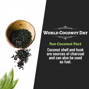 Coconut shell charcoal in a wooden bowl with World Coconut Day text