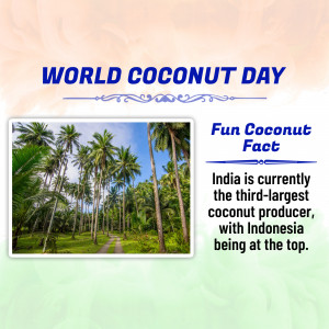 World Coconut Day graphic with coconut trees and a fun fact about coconut production.