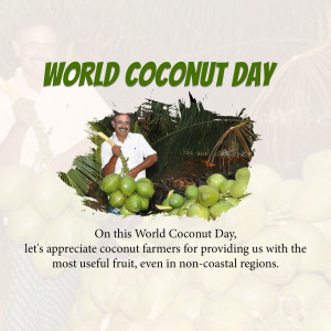 Image celebrating World Coconut Day with a farmer and coconuts