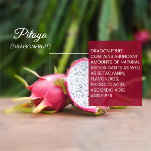 Close-up of a pink dragon fruit cut in half, showcasing the white flesh with black seeds.