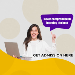 Woman pointing upwards with a laptop, promoting education and admissions.
