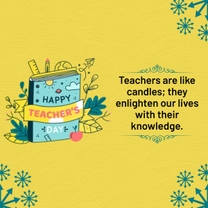 Illustration of a stack of books with school supplies and a quote celebrating teachers.