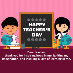 Cartoon illustration of students celebrating Teacher's Day with a chalkboard.