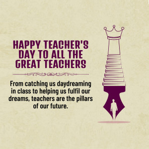 Happy Teacher's Day graphic with a chess piece and pen illustration.