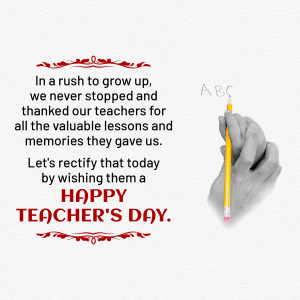 Image with a hand holding a pencil and text wishing Happy Teacher's Day.