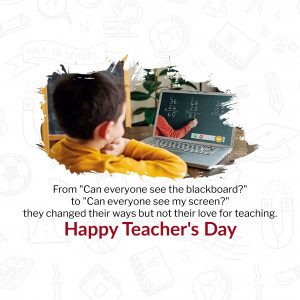 A boy looking at a laptop displaying a teacher on a virtual blackboard, with the text 'Happy Teacher's Day'.