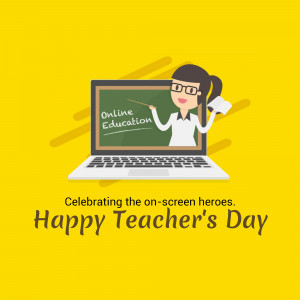 Illustration of a teacher presenting from a laptop with 'Online Education' on the screen, celebrating Teacher's Day.