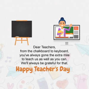 Illustration of a teacher giving a virtual lesson with a chalkboard and digital devices, celebrating Teacher's Day.