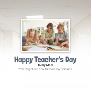 A framed photo of a mother and two children coloring, with text 'Happy Teacher's Day to my Mom'