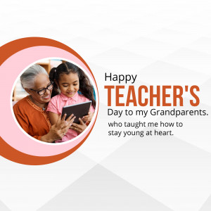 Grandmother and granddaughter looking at a tablet with 'Happy Teacher's Day' text