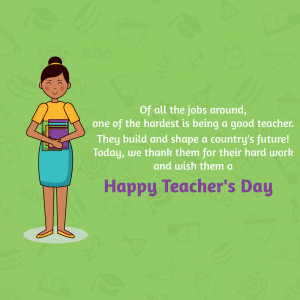 Illustration of a female teacher holding books with a 'Happy Teacher's Day' message.