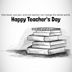 Stack of books with a pen and Happy Teacher's Day message