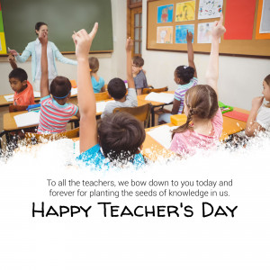 Children raising hands in a classroom with a teacher, celebrating Teacher's Day.
