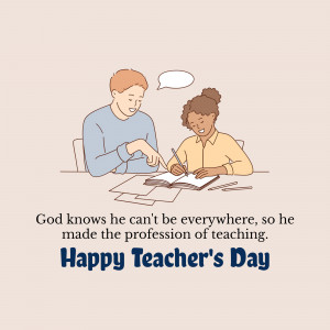 Illustration of a teacher helping a student with their work, with a 'Happy Teacher's Day' message.
