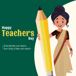 Illustration of a female teacher holding a large pencil with 'Happy Teacher's Day' text.