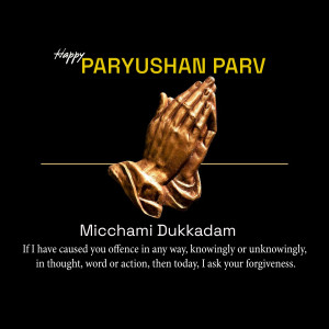 Image depicting folded hands in prayer with the text 'Happy Paryushan Parv' and 'Micchami Dukkadam'