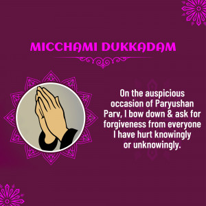 Image with text 'Micchami Dukadam' and praying hands, wishing forgiveness on Paryushan Parv.