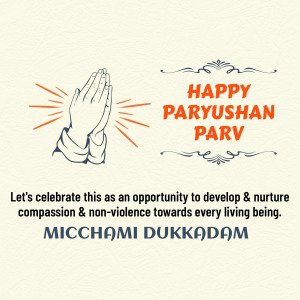Hands in prayer with text 'Happy Paryushan Parv' and 'Michchami Dukadam'
