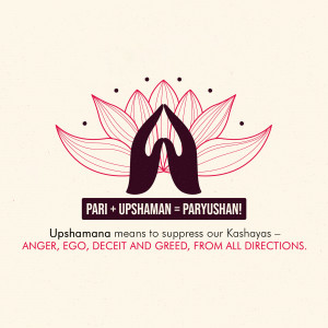 Illustration of hands in Namaste pose forming a lotus flower with text about Paryushan.