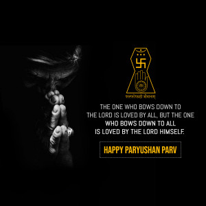 A black and white image depicting a person in prayer with a symbolic hand and text wishing 'Happy Paryushan Parv'.