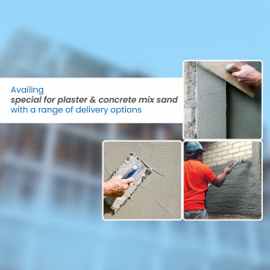 Collage showing plastering and concrete work with text about delivery options.