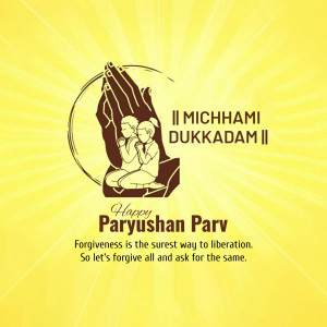 Illustration of praying figures with text 'Michhami Dukkadam' and 'Happy Paryushan Parv'