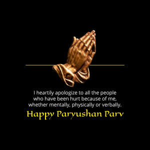 Bronze praying hands with text wishing a Happy Paryushan Parv and an apology.
