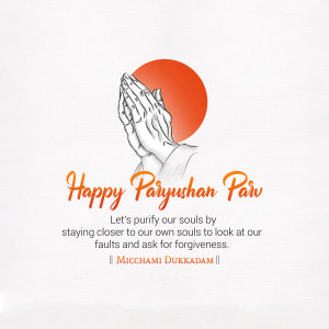 Illustration of praying hands with a red circle and text 'Happy Paryushan Parv'