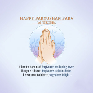 Image depicting folded hands in prayer with text 'Happy Paryushan Parv' and a quote about forgiveness.