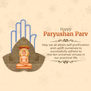 Paryushan Parv greeting with a hand and Jain symbol
