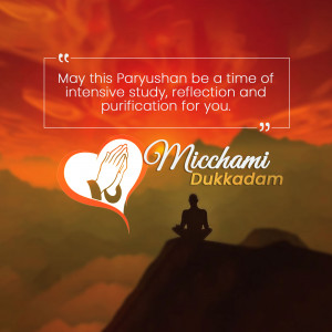 Image with a quote about Paryushan, praying hands, and a meditating figure against a sunset backdrop.