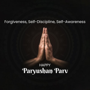 Hands in prayer position with a mandala background and text 'Forgiveness, Self-Discipline, Self-Awareness' and 'Happy Paryushan Parv'