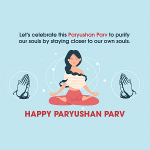 Illustration of a woman meditating with praying hands, celebrating Paryushan Parv.