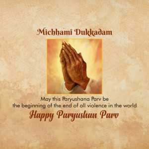 Hands in prayer with text 'Michhami Dukadam' and 'Happy Paryushana Parv'
