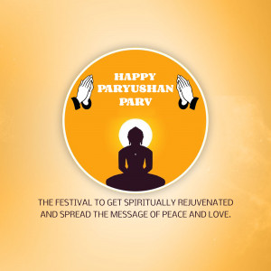 Image depicting a Paryushan Parv greeting with praying hands and a meditating figure.