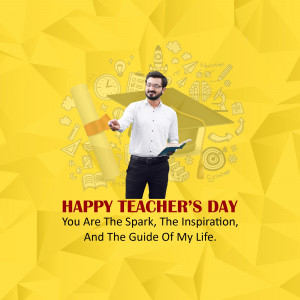 A man in a white shirt and black pants holding a diploma with a graduation cap and educational doodles, with the text 'Happy Teacher's Day'