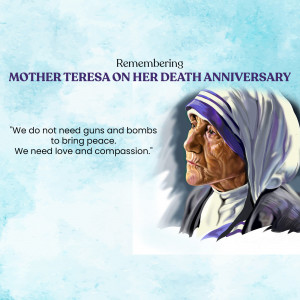 Portrait of Mother Teresa with a quote about peace and love