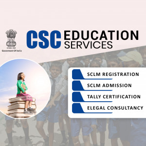Image promoting CSC Education Services with information on SCLM Registration, Admission, Tally Certification, and Elegal Consultancy.