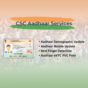 Image showcasing CSC Aadhaar Services with an Aadhaar card example and service list.
