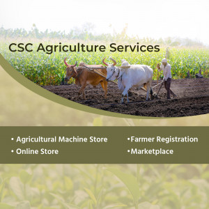Image depicting bullocks plowing a field with text overlay promoting CSC Agriculture Services.