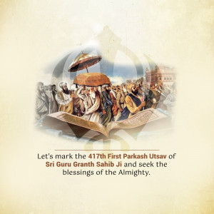 Illustration depicting a procession with Sri Guru Granth Sahib Ji and a message commemorating the 417th First Parkash Utsav.