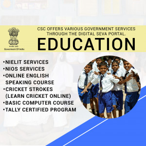 Image promoting education services offered through the CSC Digital Seva Portal, featuring students and a list of courses.