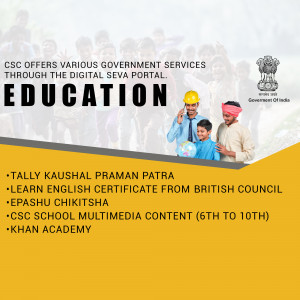 Image promoting education services offered through the CSC Digital Seva Portal, featuring people and the Indian government emblem.