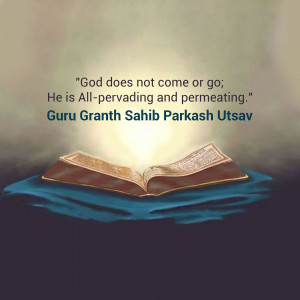 An open book with glowing light emanating from it, with a quote from Guru Granth Sahib.