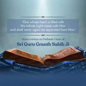 Image depicting an open holy book with a quote and wishes for Parkash Utsav