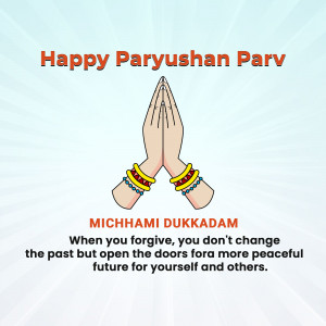 Image depicting folded hands in a prayer gesture with text 'Happy Paryushan Parv' and 'Michhami Dukkadam'.