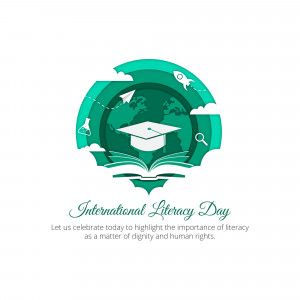 Illustration for International Literacy Day featuring a globe, graduation cap, books, and flying objects.