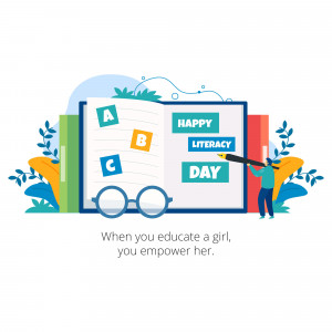 Illustration of an open book with letters and a small person writing in it, celebrating Literacy Day.